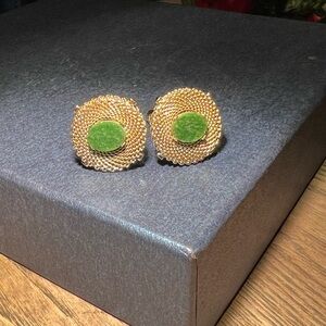 Unique Vintage Gold and Green Jade Cuff Links